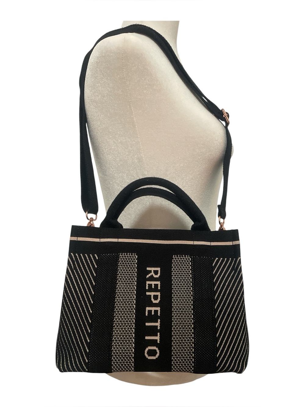 REPETTO PARIS Bag Knit Tote Small Crossbody Shoulder Bag Black & White